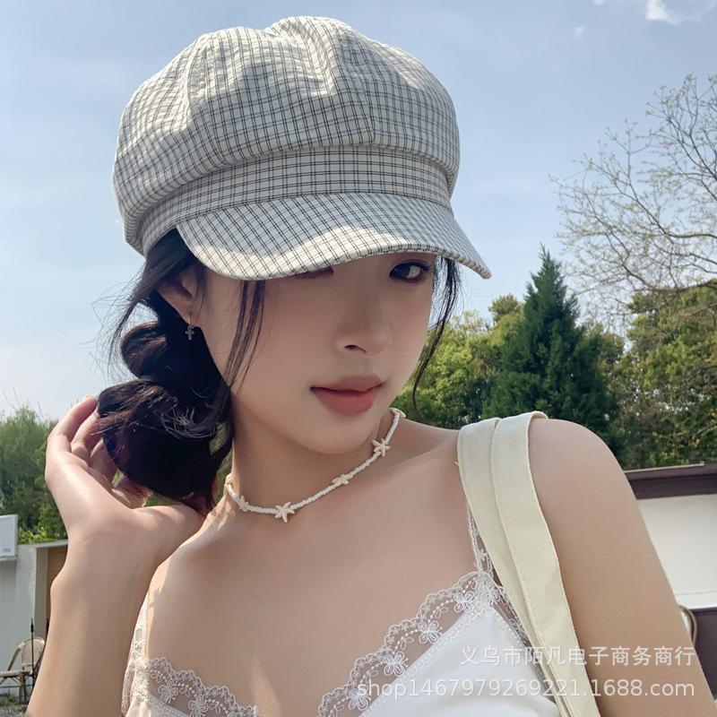 Plaid Octagonal Hat Women's Literary and Artistic Small Fresh Sunshade Cap Spring and Summer Cotton Face Small Painter Hat