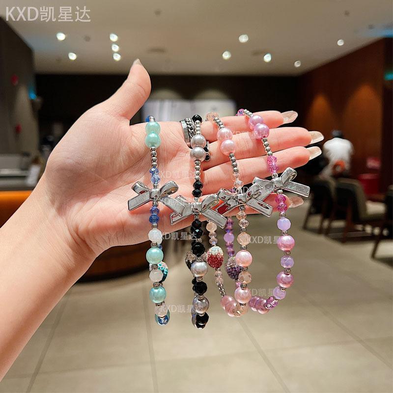 New Rhinestone Heart Crystal Phone Chain High-End Butterfly Phone Lanyard Short Keychain Pendant Accessory for Women