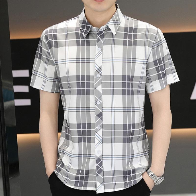 Summer Short-sleeved Shirt Men's Plaid Shirt Workwear Gangster Handsome Men's Ice Silk Casual Inch Shirt Tops