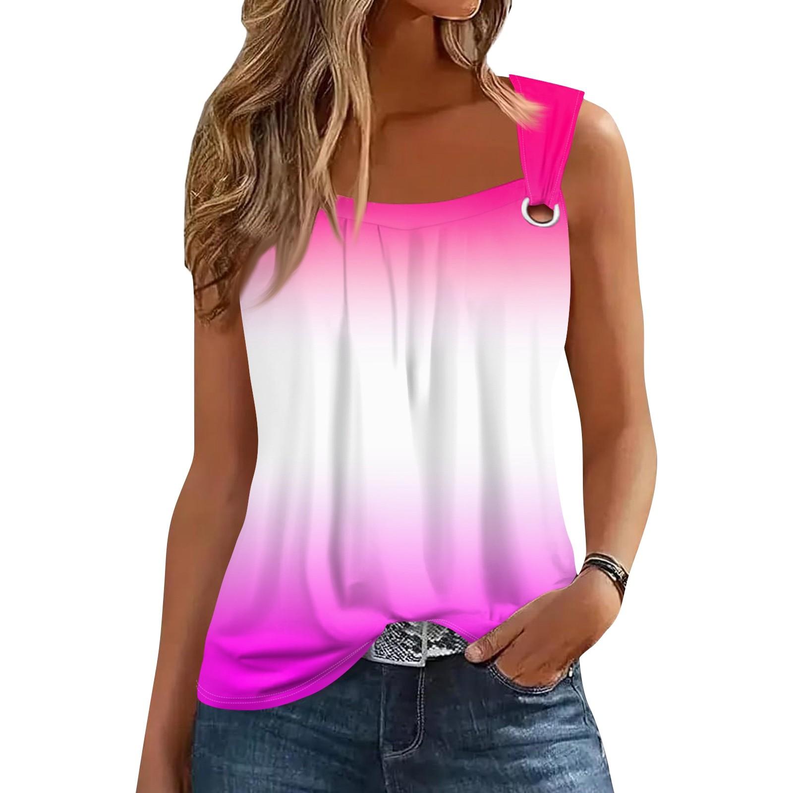 

Летние топы на бретелях для женщин, плиссированный топ с квадратным вырезом и уплотнительным кольцом на плечах, топ без рукавов с принтом, повседневный свободный крой, модная блузка L