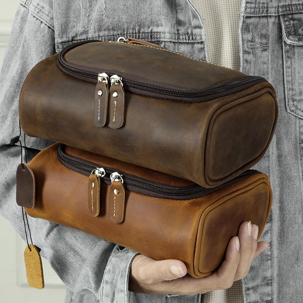 Genuine Leather Wash Bag, Hand-held Bag, Leather Storage Bag, Men's Handbag, European and American Retro Leather Bag