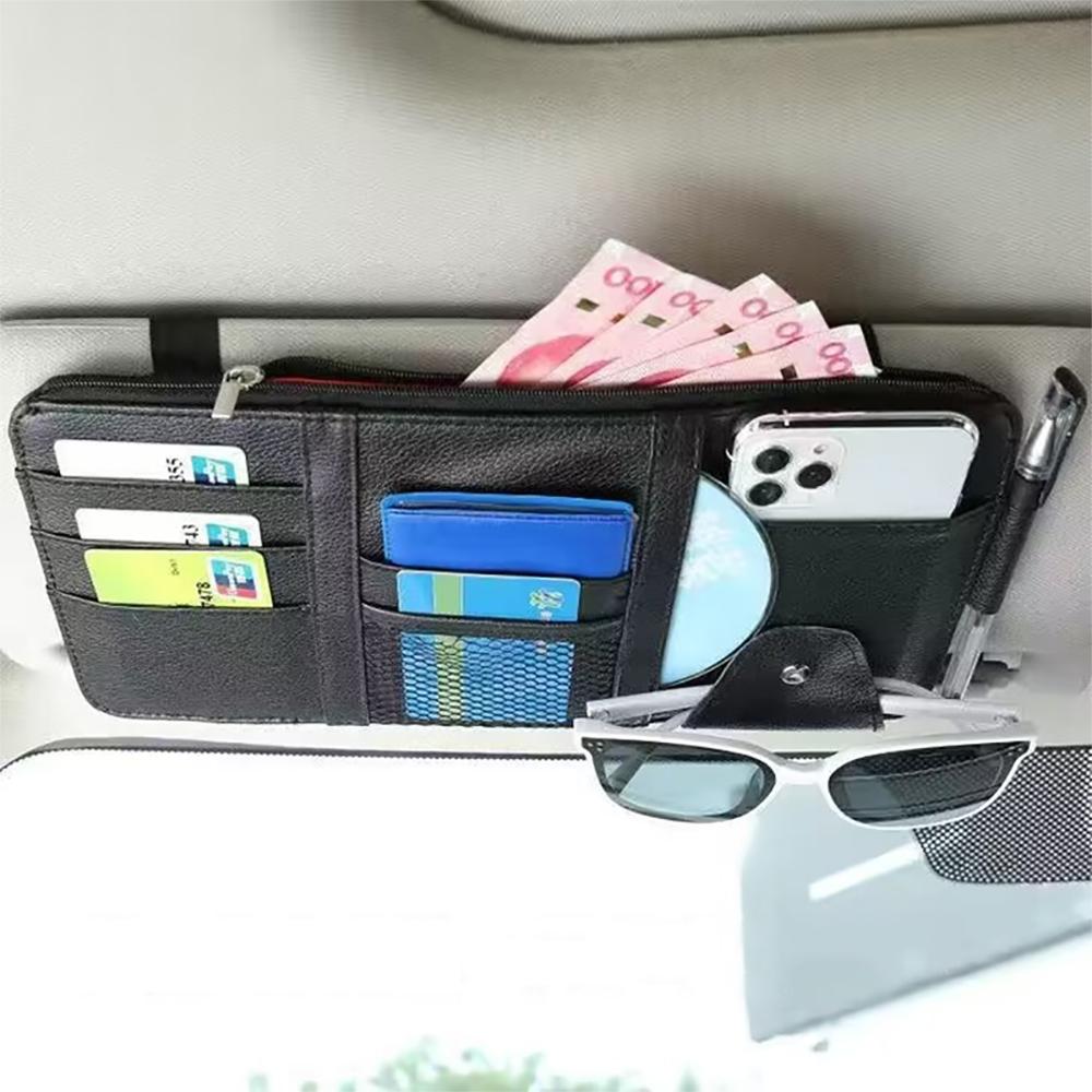 Car Glasses Storage PU Leather Multi-Function Sun Visor Point Organizer Storage Pocket Auto Sunglasses Holder Cards Organizer