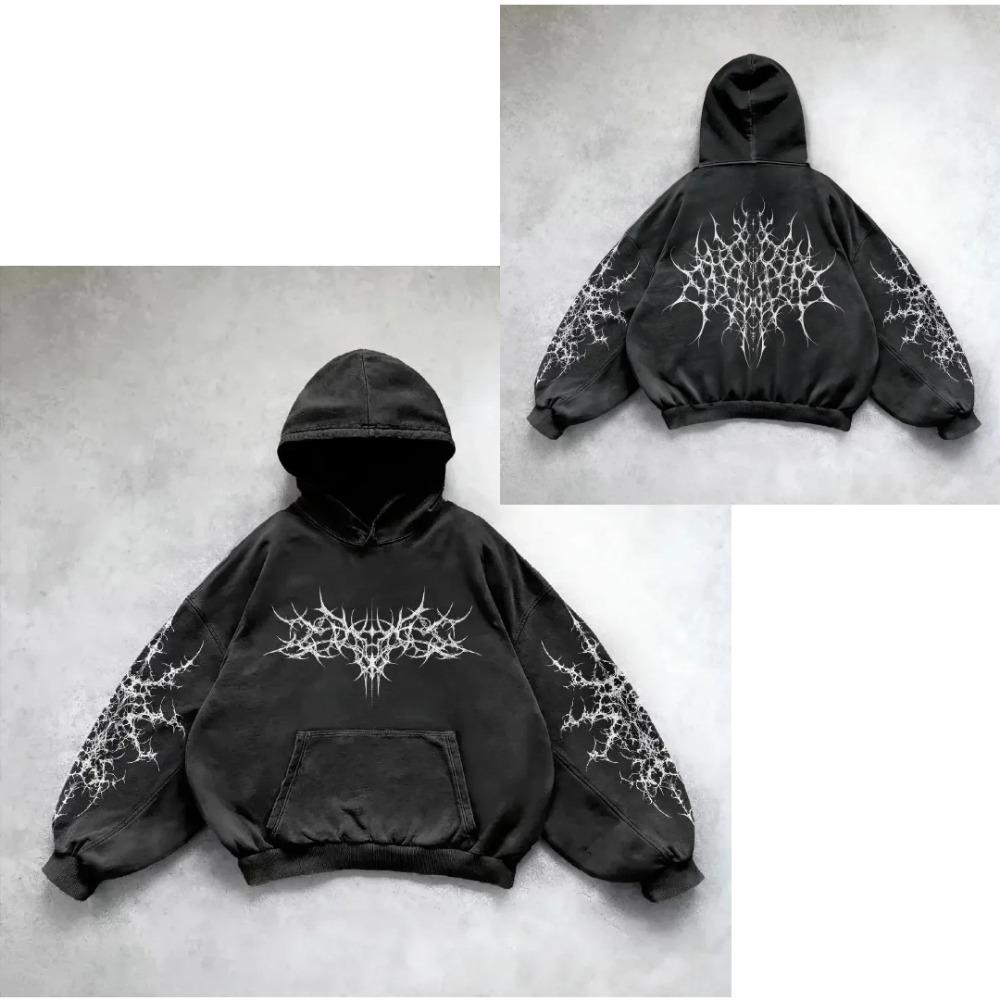 Ретро Готический Графический Принт Хип-Хоп Худи для Мужчин Y2k Панк Повседневный Свободный Пуловер Женский Уличный Свитшот с Капюшоном XXL