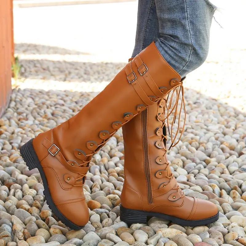New Style Popular Women Knee High Boots Autumn Winter Lace Up Flat Shoes Sexy Luxury Retro Buckle Women Shoes Ladies Snow Boots