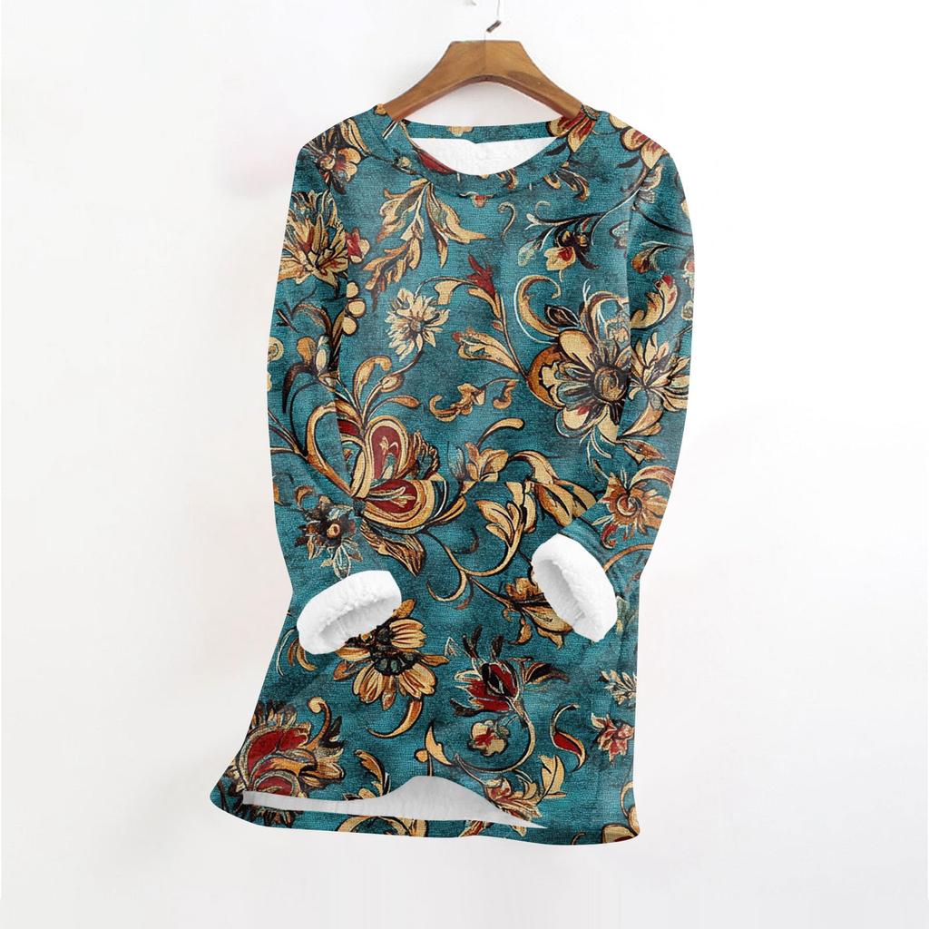 Women's Fashionable Printed Round Neck Long Sleeved Plush Warm Pullover Top