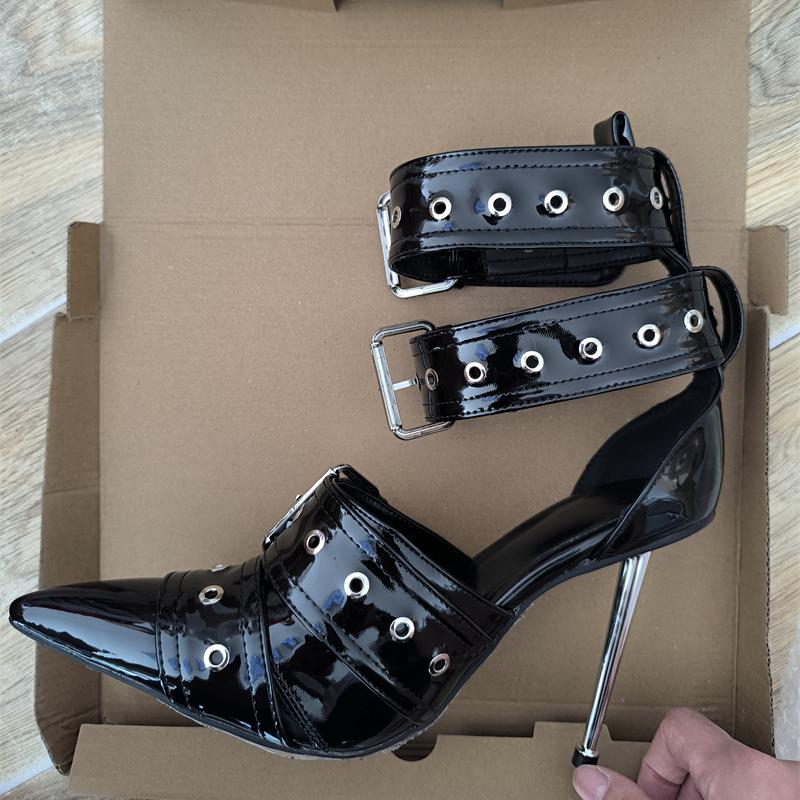 Fashion New Women Denim Metal Rivet Buckle Sandals Women Sexy Punk Style Pointed Hollow Metal 11cm High Heel Knee High Boots Size34-43