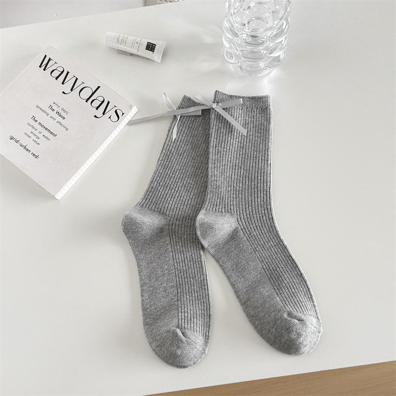 

Socks Women S Solid Color Bow Women S Socks Double Needle Draw Strips Versatile Stack Of Socks Trendy Gray Socks One size fits all світло-сірого кольору