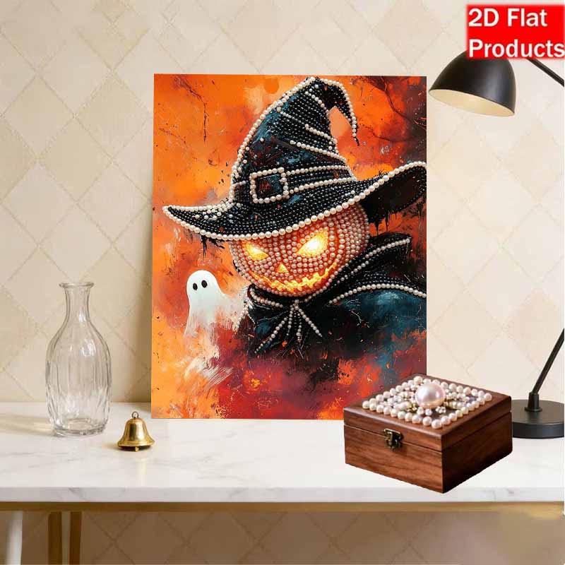 DIY Frameless Pearl Bead Painting Kit Halloween Pumpkin Ghost Sparkling Canvas Art Creative Gift for Craft Lovers