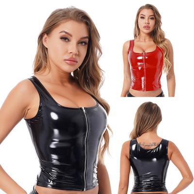 Womens Fashion Zipper Patent Leather Tank Top Wet Look U Neck Sleeveless Vest for Club Pole Dancing