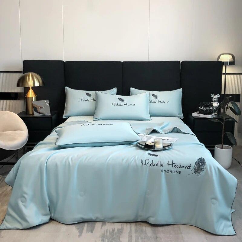 New Fruit Green Summer Cool Quilt Lavabil Gheata Matase Broderie cu pene Pilota de vara Set de lenjerie de pat 4 Piese Cuvertură Queen Quilt