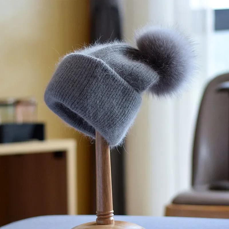 New Rabbit Fur Knitted Hats For Women Real Fox Fur Pom Poms Hat Large Pompom Outdoor Warm Skullies Beanie Winter Hat Christmas