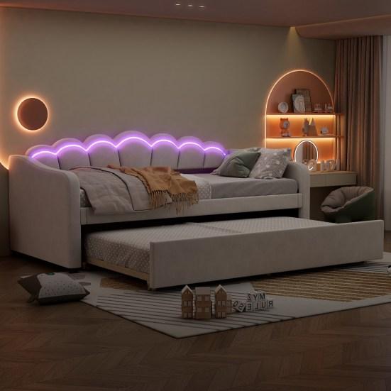 Day Bed 90x200cm with Extendable Bed Sofa Single Flat (without Mattress) Velvet Color-Changing Ambient Light Remote Control Minimalist