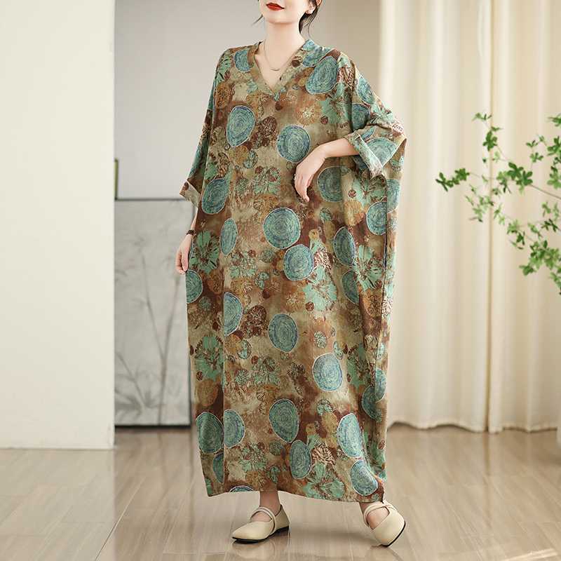 Women's New Color V-neck Retro Long Skirt Cotton Linen Dress