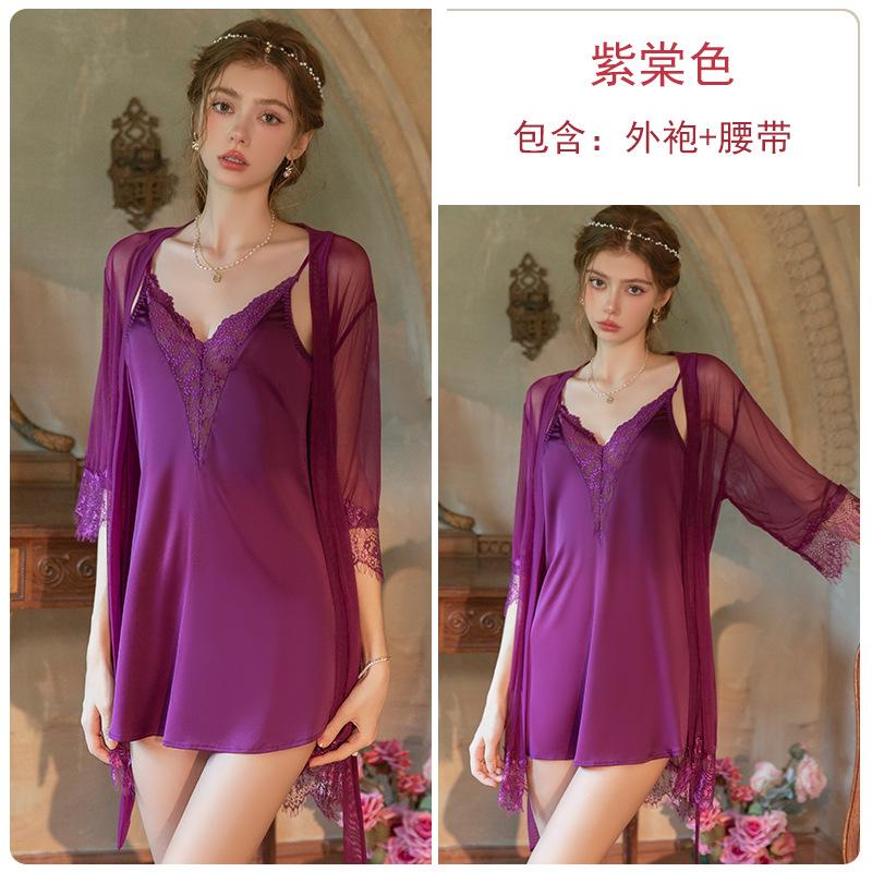 Satin Lace Backless Big V Loose and Comfortable Suspender Nightdress Belt Robe Women's Loungewear Set