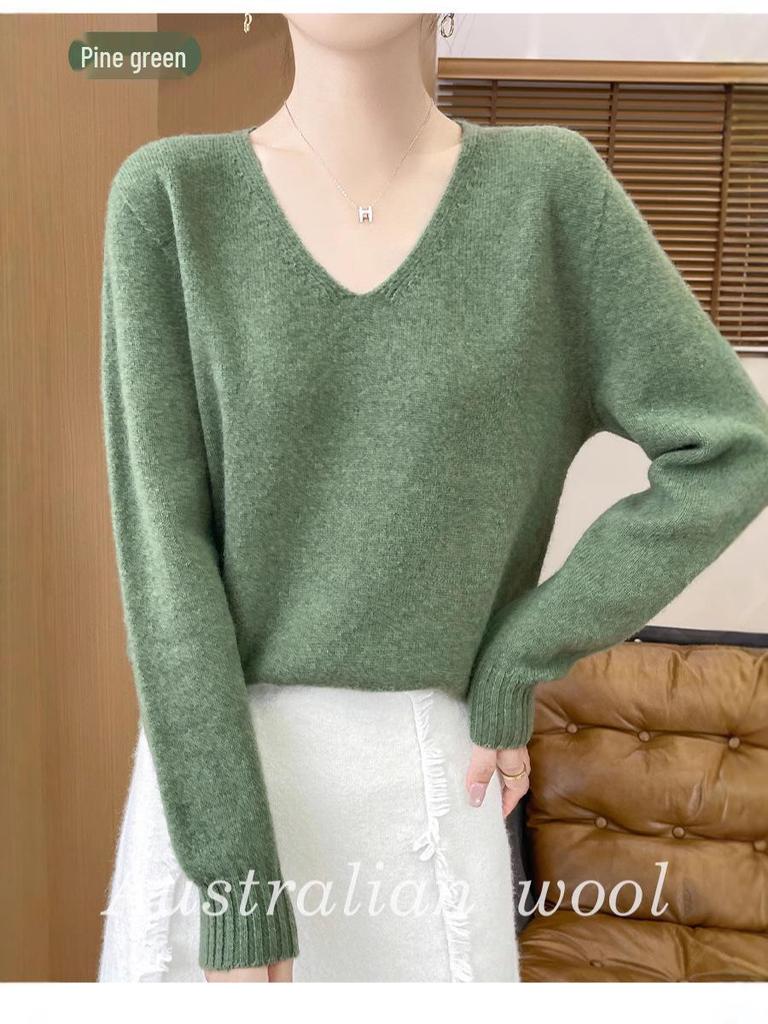 Minimalist 100% Wool V-Neck Sweater: Seamless, Solid Color, Long Sleeve, New Women's Knit