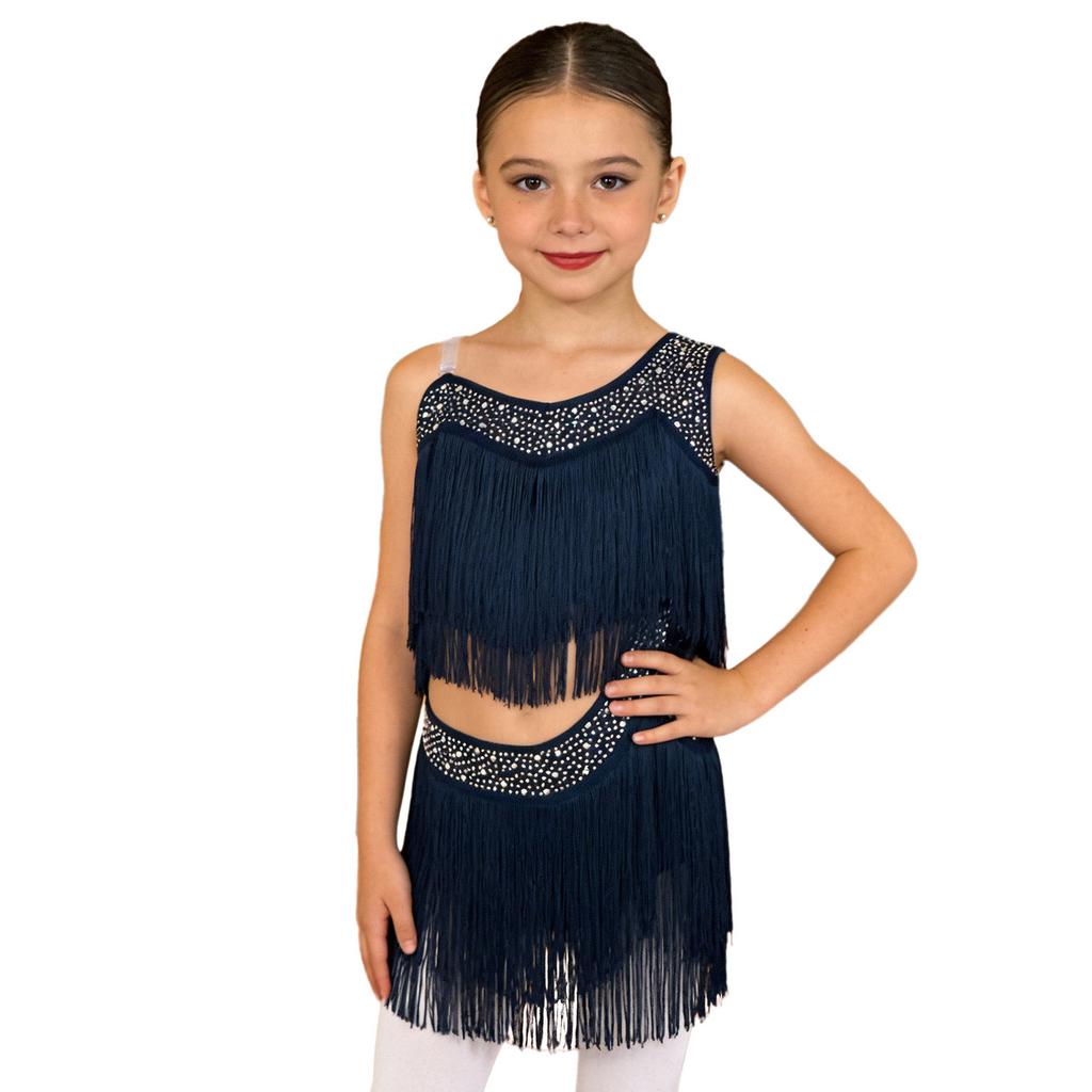 Vestido de Danza Latina para Niñas con Borlas, Flecos Asimétricos, Pedrería Brillante, Recorte, Disfraz para Actuación en Escenario