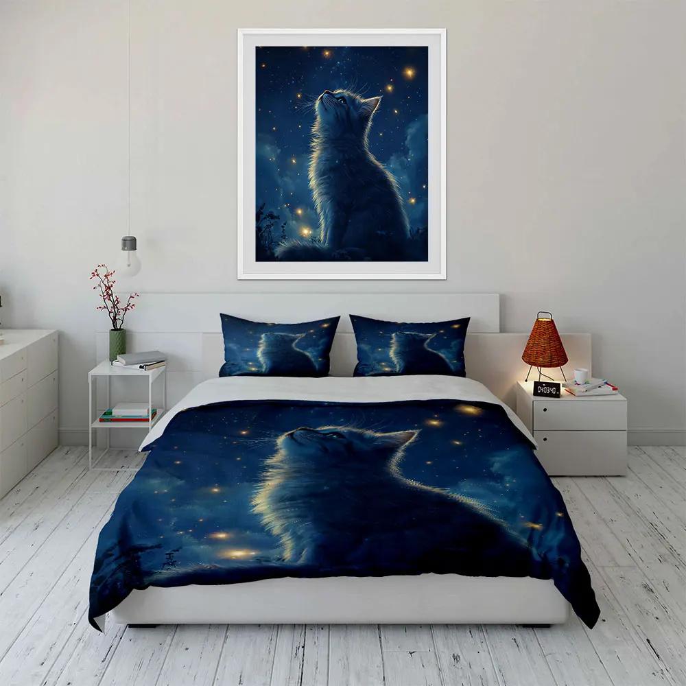 "Starry Night Cat Decor Set" Soft Comfortable Duvet Cover Bedding Set Included 1*Duvet Cover & 2*Pillowcases Gift