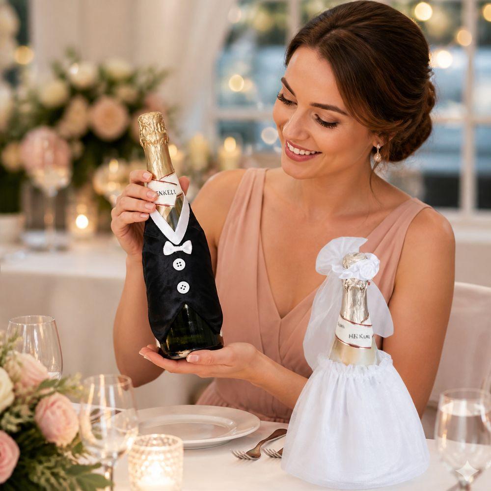 2Pcs/set Romantic Wine Bottle Cover Black/White Wedding Bottle Dress  Wedding Anniversary Party