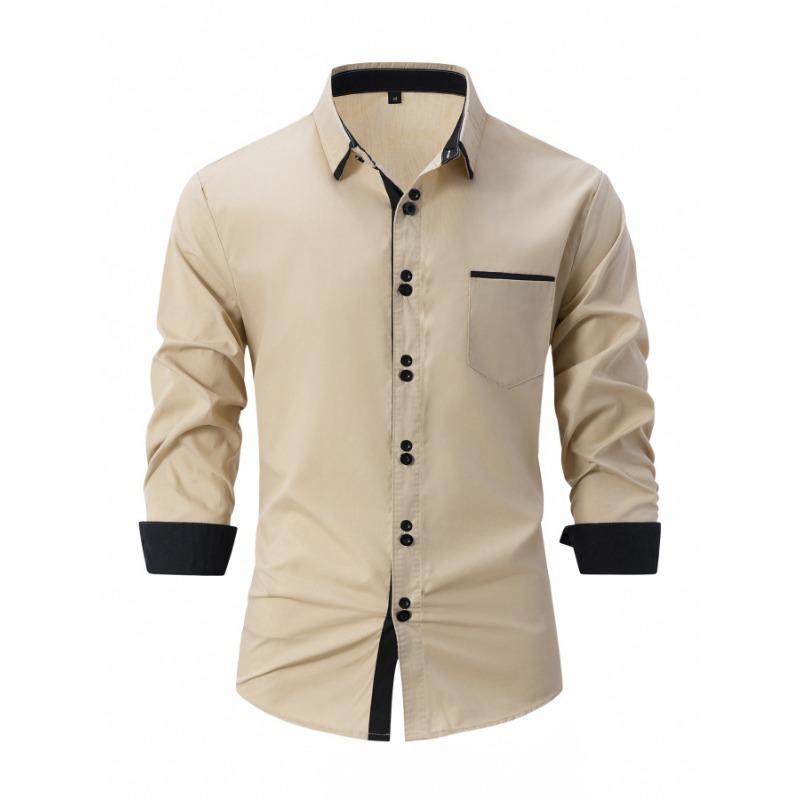 Spring Men's White Button Down Shirt with Black Placket and Cuffs Formal Blouse