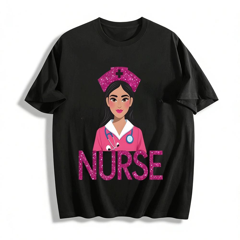 Glitter Pink Nurse Graphic Print Casual Top For Medical Workers Pure cotton T-shirt XXS