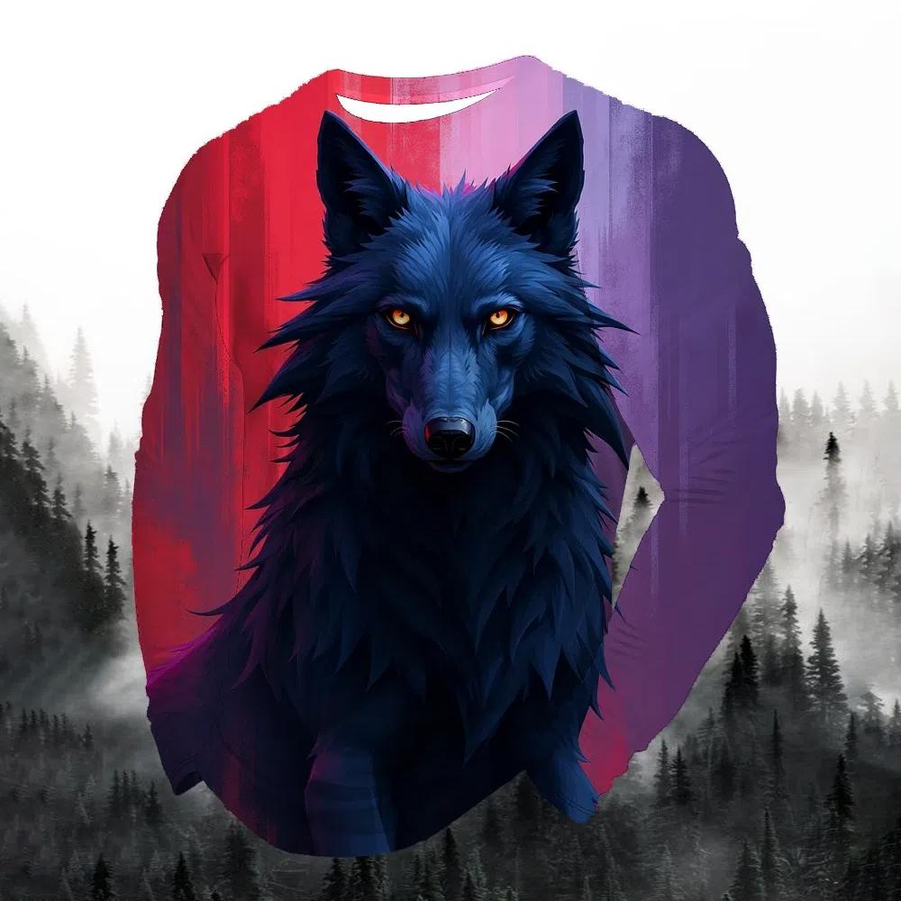 2024 men's fashion print round neck long sleeve party autumn sports casual pullover men 3d lonely wolf blue print tops