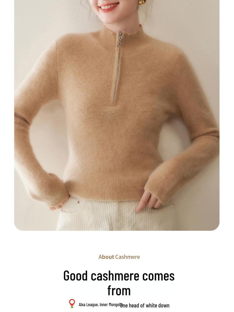 2025 Autumn/Winter Women's Thickened Cashmere Half-Zip Sweater - Loose Fit & Slimming Solid Color Pullover