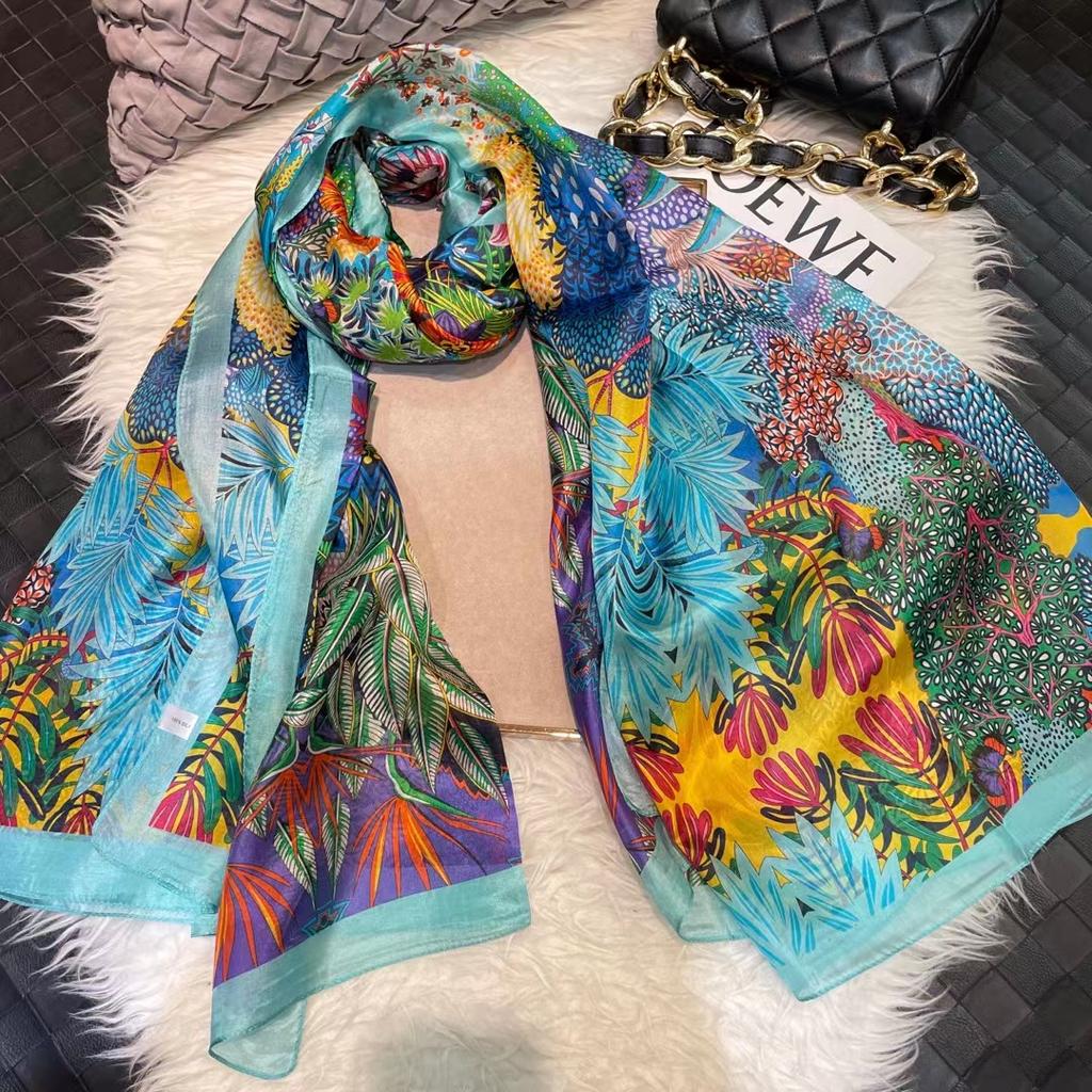 Yellow 100% Silk Long Scarf Hijab Female Summer Jungle Design Beach Shawls Fall Winter Mulberry Silk Scarfs Blue,Sky Blue