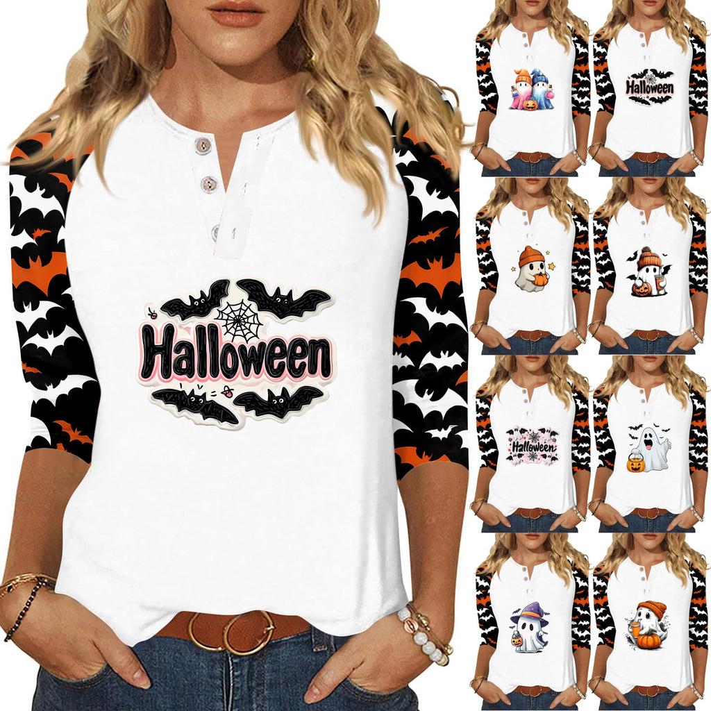 Dámské tričko Halloweenský potisk Knoflík 3/4 rukáv Denní Víkendová Móda Základní V-výstřih Běžný Top