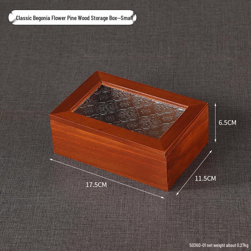 Retro Begonia Glass Lid Wooden Storage Box for Cosmetics, Snacks, Candy, and Documents - Dustproof and Multifunctional
