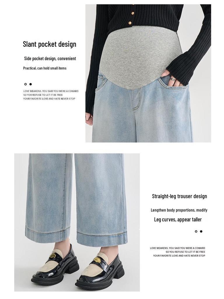 Maternity Fleece Support Jeans: Autumn/Winter Loose Straight-Leg 9-Point Slimming Pants for Pregnant Women