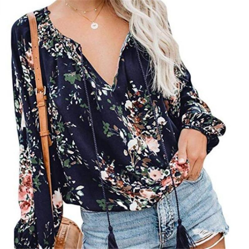 Women's Autumn Floral Printed Large V-Neck Long Sleeve Pullover Blouse Loose Drawstring Shirt Top