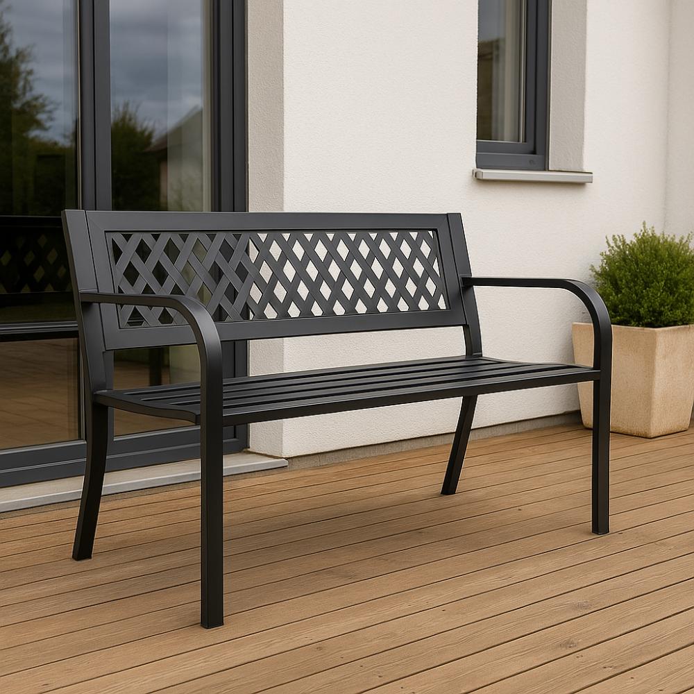 Gartenbank, Metall, Parkbank, Schwarz, Friedhofsstil, mit Rückenlehne, Stabil, GoGarden