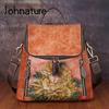 Retro Genuine Leather Floral High Quality Women Luxury Backpack Large Capacity Cowhide Travel Backpack