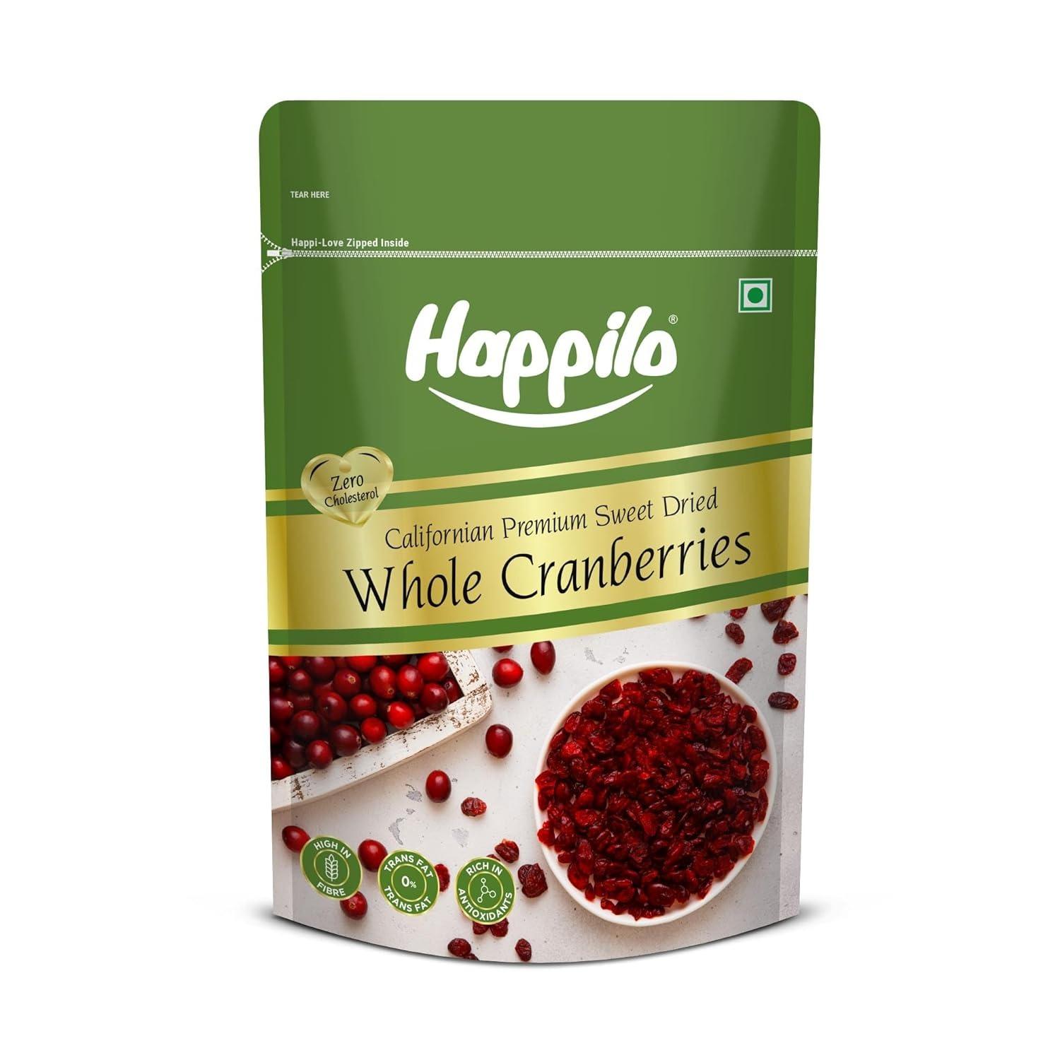 Калифорнийская сушеная Клюква (200 г), Californian Premium Sweet Dried Whole Cranberries,  Happilo