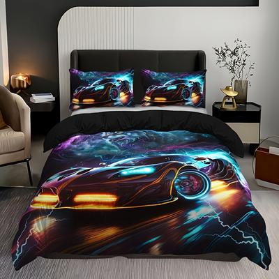 Racing Car Duvet Cover Set Queen Size for Boys, Lightning Wolf Bedding Set for Room Decor, 3 Pieces Speed Car Comforter Covers