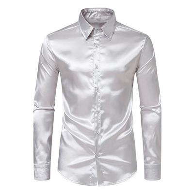Men Silk Like Satin Shirt Long Sleeve Casual Slim Fit Dress Shirt Stylish Solid Color Lapel Button Down Business Formal Shirts