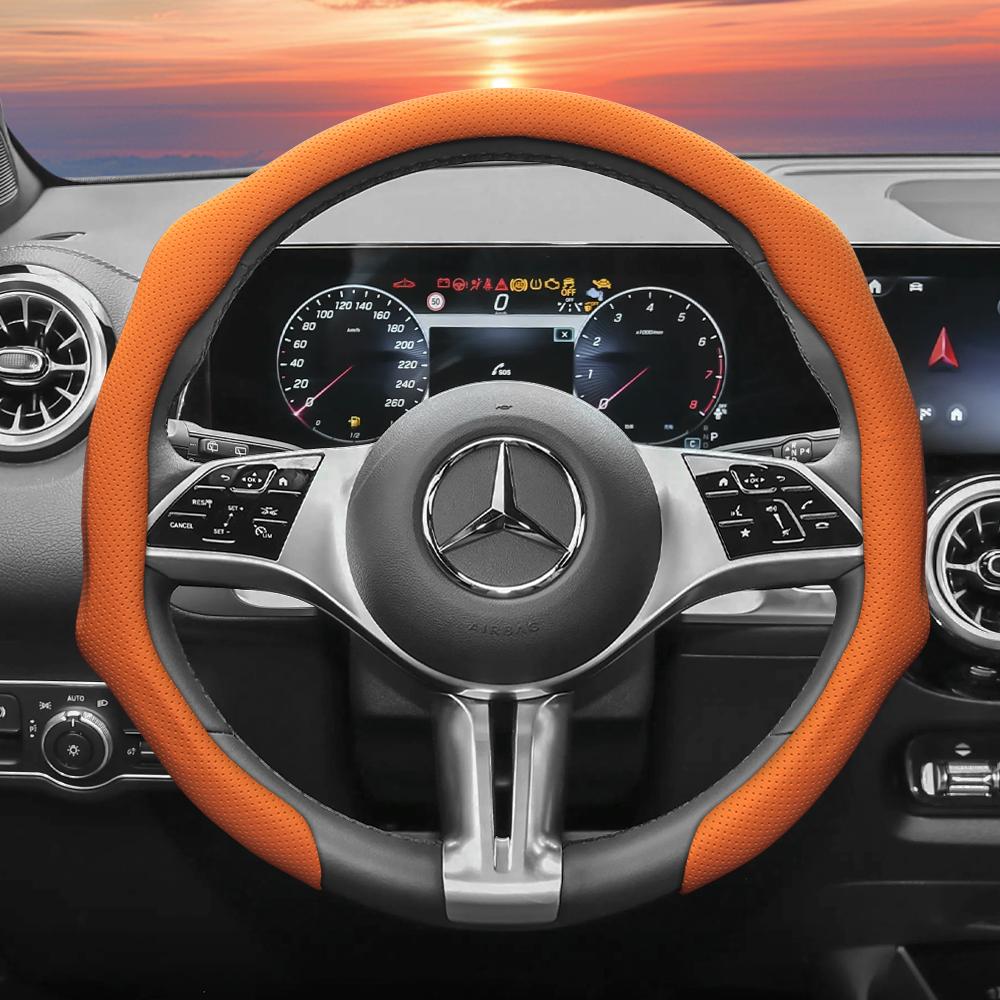 Suitable for Mercedes-Benz Perforated Leather Steering Wheel Cover, Non-Slip, Sweat-Absorbent, Breathable, Integrated Protective Case V 