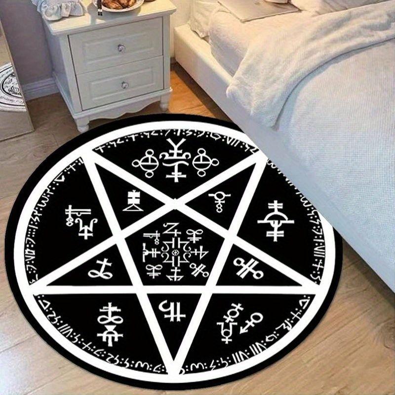Schwarz-Weißes Pentagramm Runen Runder Teppich, Rutschfeste Wohnzimmer Matte, Dekorativer Teppich für Tarot-Raum und Schlafzimmer