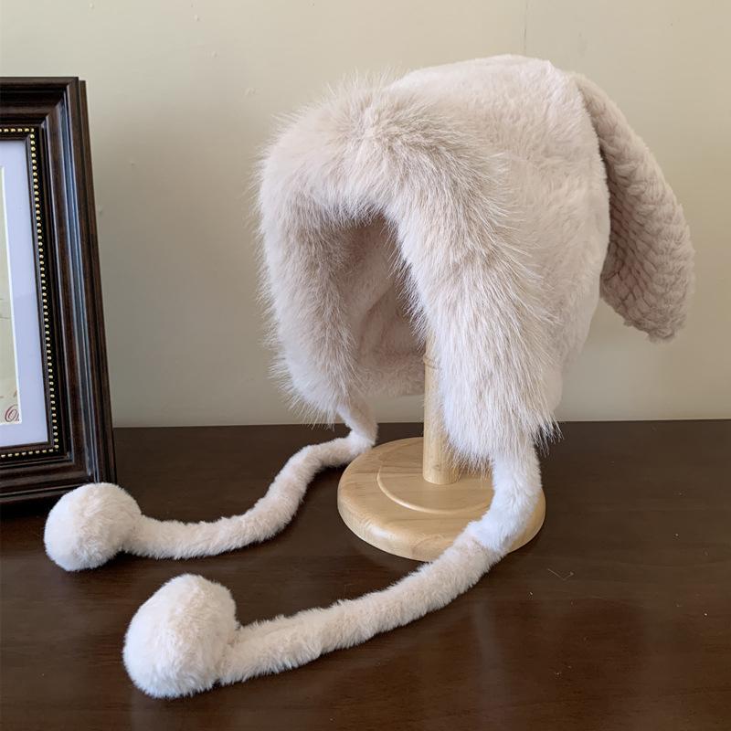 Cute Rabbit Ear Plush Warm Hat for Women Soft Faux Fur Ear Protection Beanies Cap Korean Girl Solid Color Windproof Snow Caps