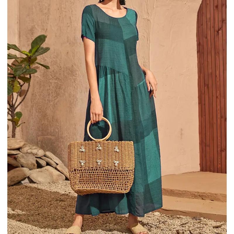 Women's Maxi Dress Summer Short Sleeve Round Neck Patchwork Contrast Loose Hem Pleated A Line Ankle Length Plus Size Dress