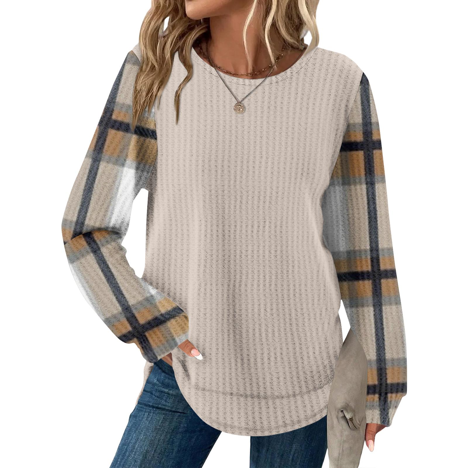Women s Plaid Print Round Neck Long Sleeve Casual Loose Top L бежевый