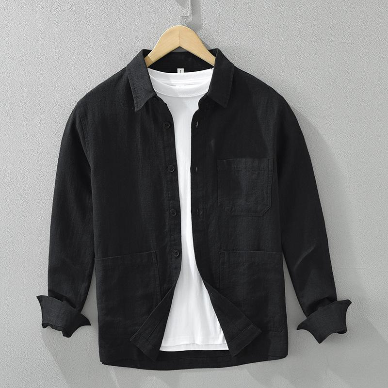 Spring and Summer Cotton Linen Long Sleeve Men Shirt Chinese Style Casual Shirts Lapel Collar Solid Color Button Up Shirt Multi Pocket Overshirt