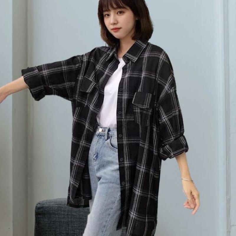 [shop  ] Unisex Couple Look Loose Fit Check Long Shirt Wld Wbl Sis 705