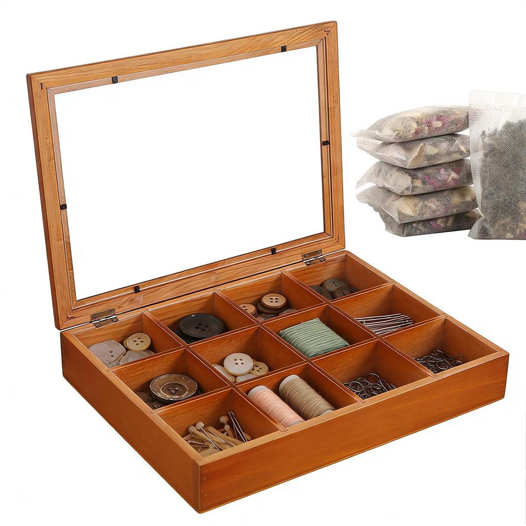 Tea Bag Storage 12-Compartments Wooden Box Tea Storage Organizer with Clear Lid for Home Kitchen Coffee Pantry Snack Packet