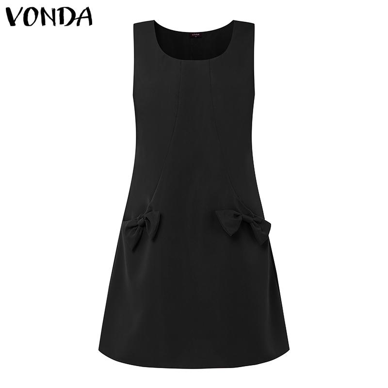 VONDA Women Sleeveless Side Zip-up Bow Knot Casual Mini Dress