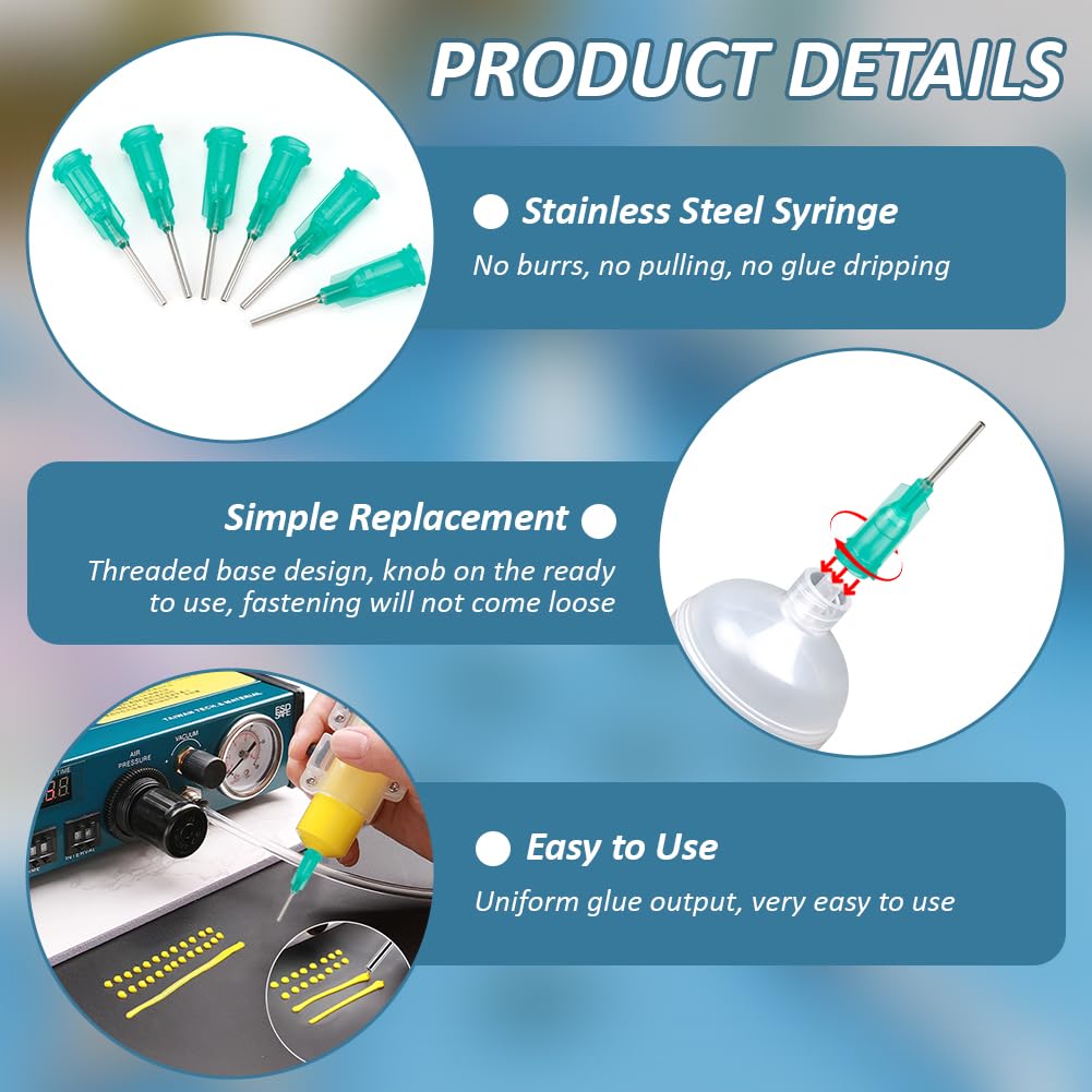 BENECREAT 150Pcs 304 Stainless Steel Dispensing Needle, 14 Gauge Turquoise Blunt Tip Glue Bottle Needles with Luer Connector for Alcohol, Essential