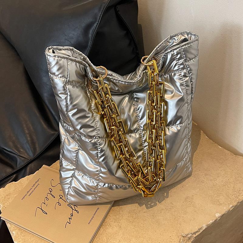 Solid Color Winter Fashion Shoulder Bags For Women Acrylic Chain Casual Tote Designer Plaid Down Cotton Ladies Handbags Quality