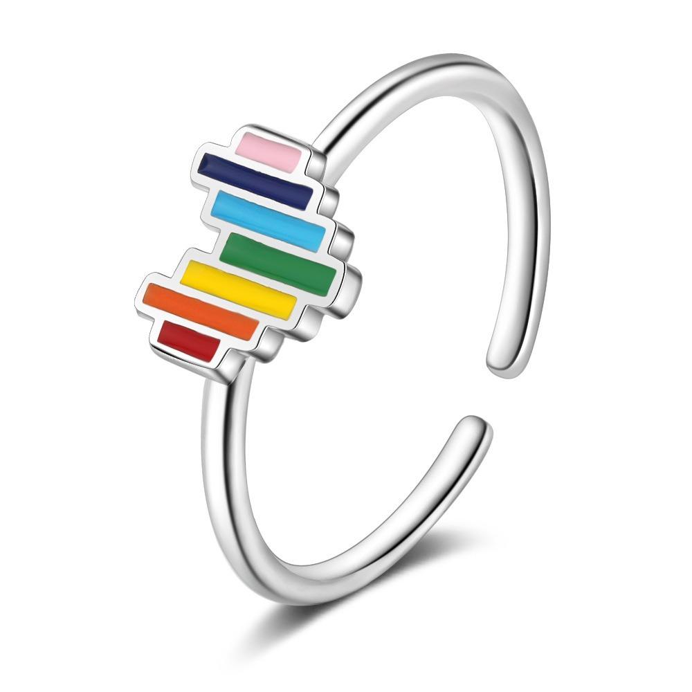 Korea Cute Sweet Multicolor Enamel Rainbow Stainless Steel Opening Adjustable Heart Ring for Fashion Finger Jewelry Accessories
