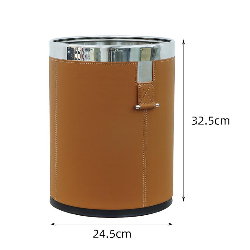 Round Trash Can Simple Metal Trash Bin Luxury Leather Circular Wastebasket Food Waste Disposal Toilet Cleaning for Bathroom