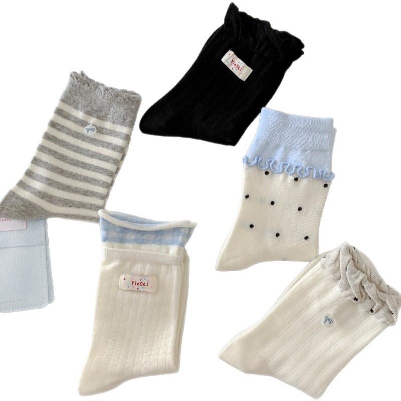 Rainbow Cloth Label Shell Bow Polka Dot Socks for Women, Grey and Blue Striped Black Ear-trimmed Mid-calf Pile Socks